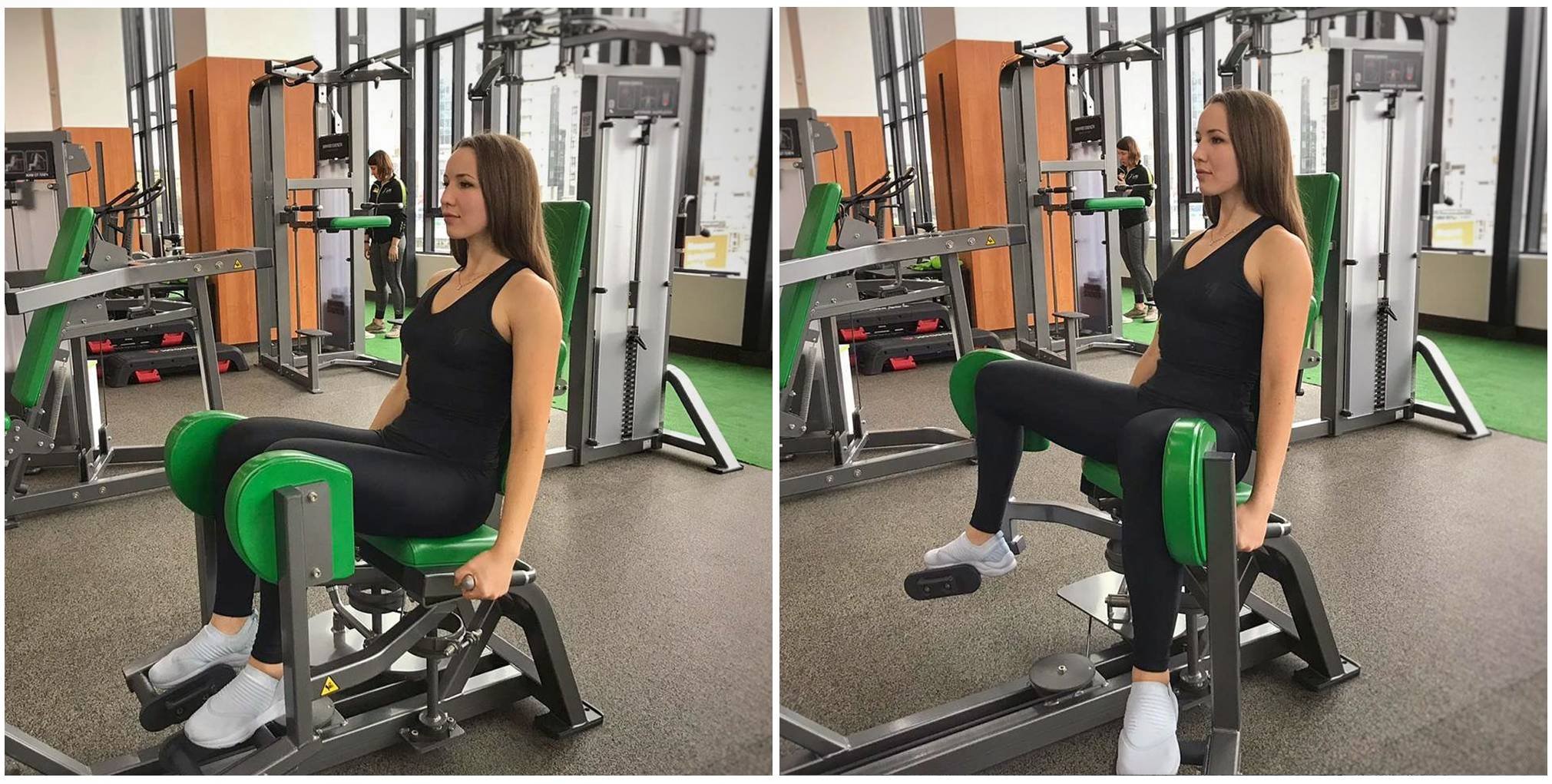 Отведение и приведение бедра сидя в тренажере (движение бедра производится в горизонтальной плоскости)