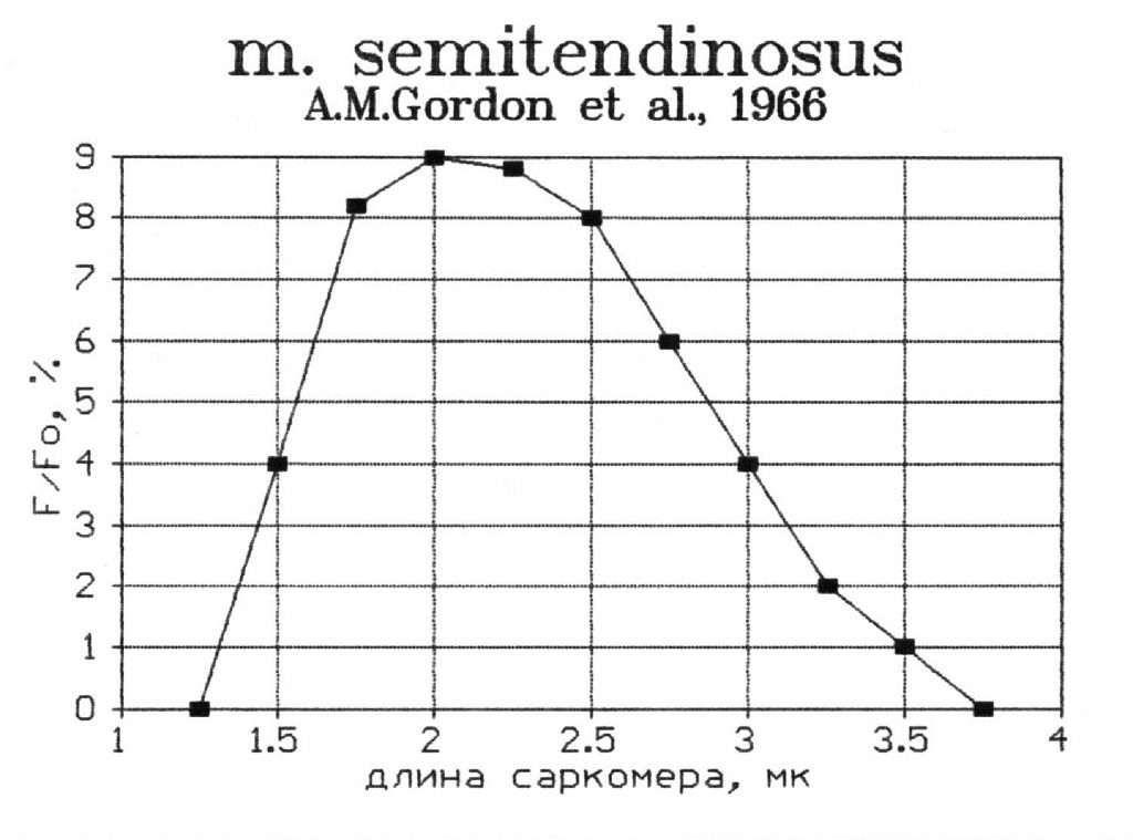 Зависимость напряжения, развиваемого отдельным мышечным волокном, от длины саркомера; полусухожильная мышца лягушки