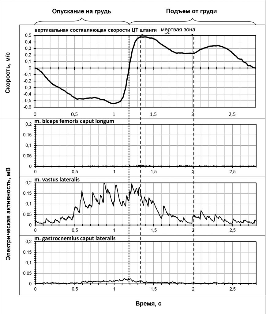 Вертикальная составляющая скорости ЦТ штанги и электрическая активность мышц нижних конечностей при выполнении жима штанги лежа