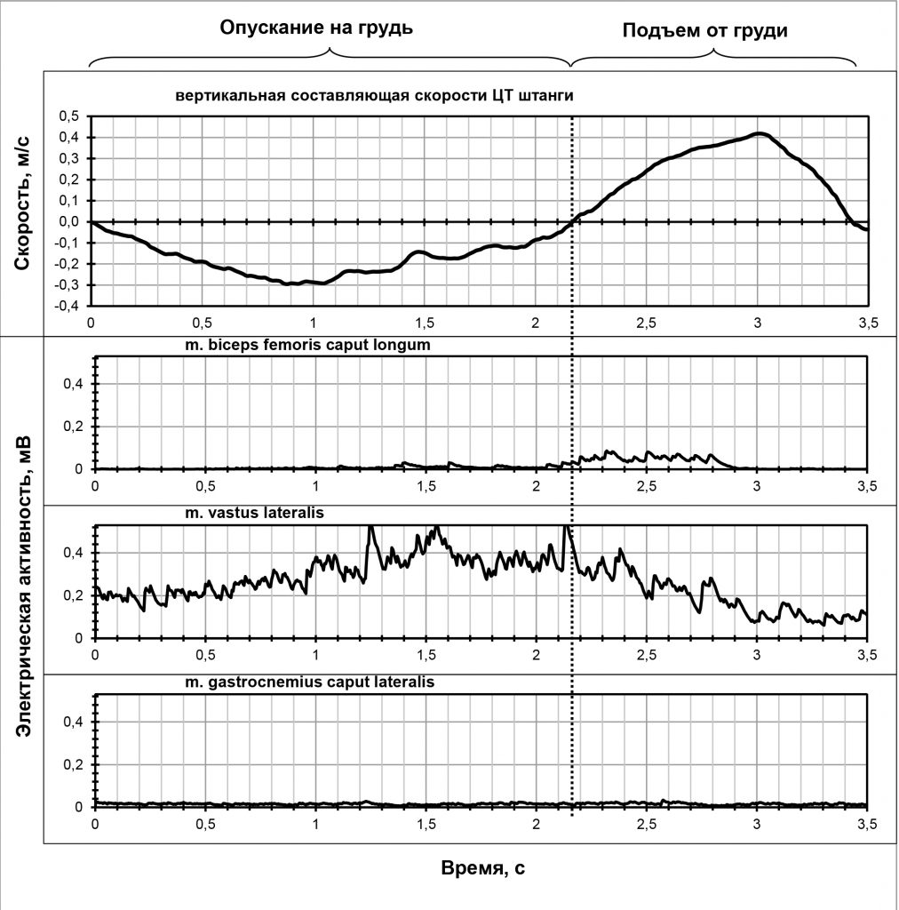 Вертикальная составляющая скорости ЦТ штанги и электрическая активность мышц нижних конечностей при выполнении жима штанги лежа 