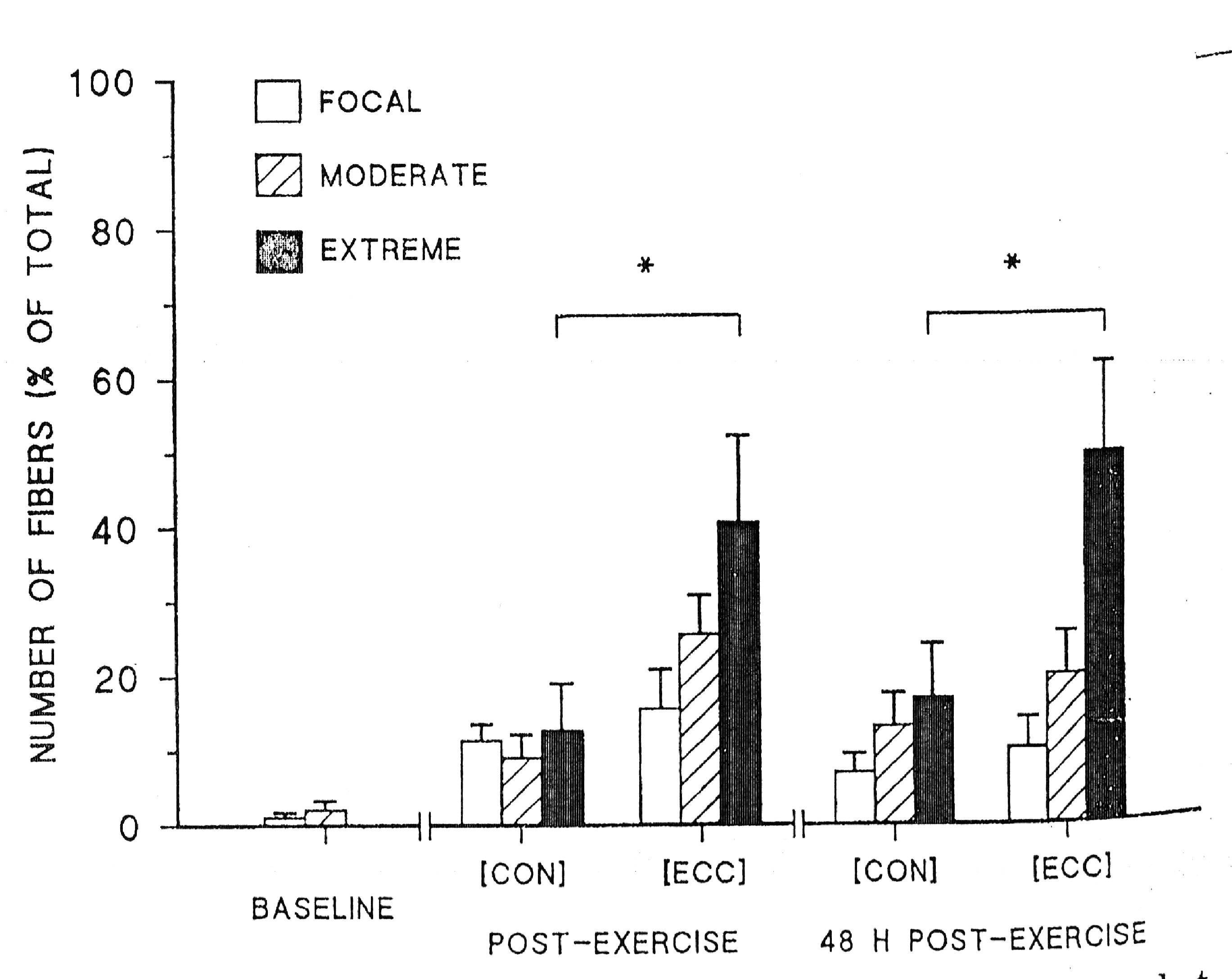 Количество волокон, имеющих разную степень повреждения при работе в концентрическом и эксцентрическом режимах