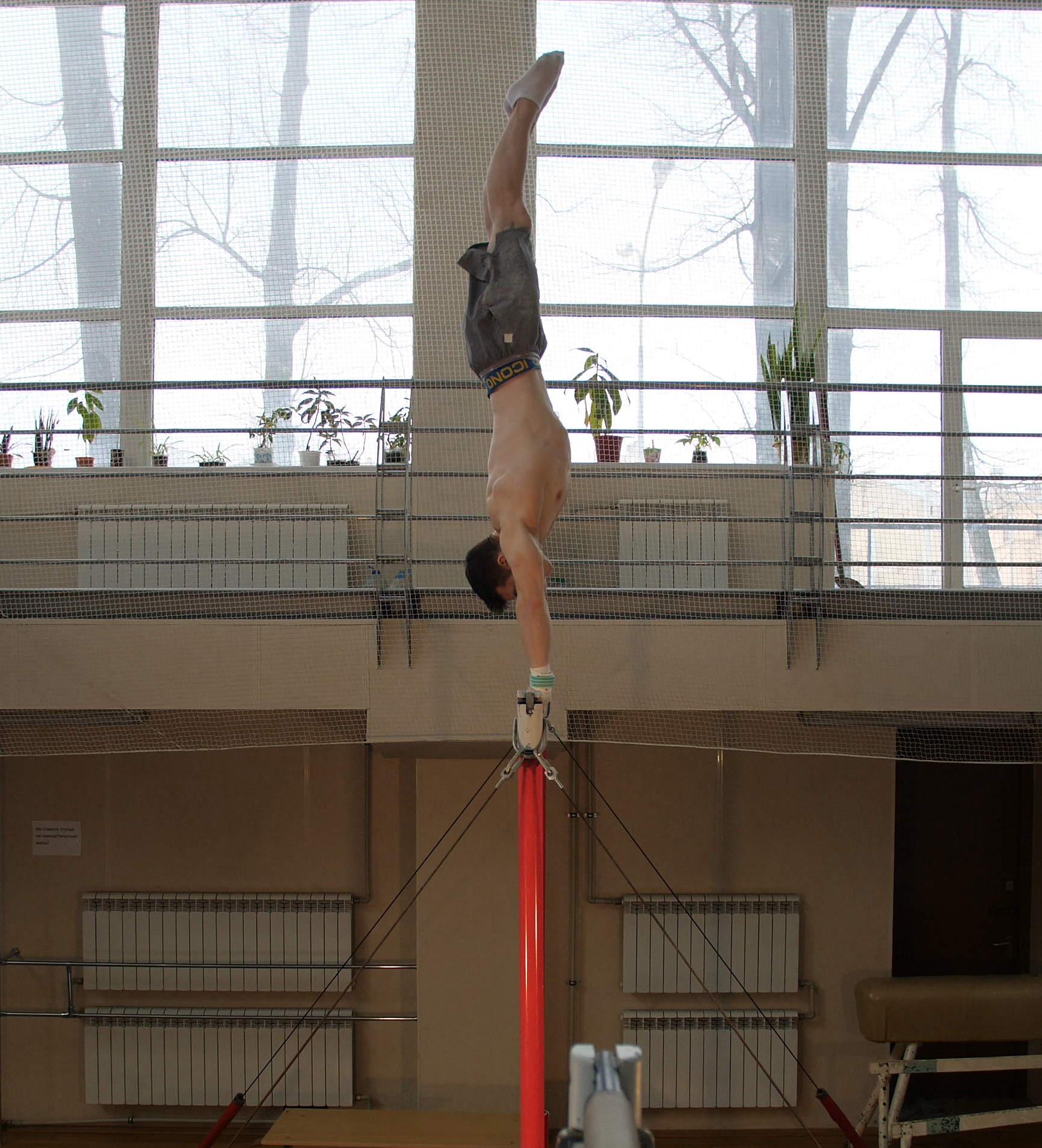 Пример неустойчивого положения равновесия тела человека - стойка на руках на перекладине