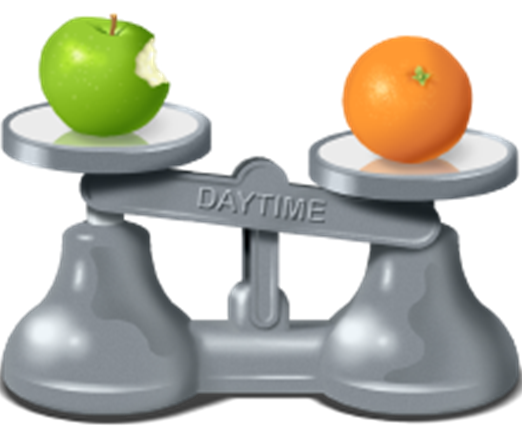 Яблоко и апельсин на весах как примеры двух объектов, обладающих различными признаками