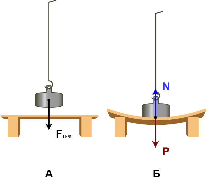 Схема возникновения нормальной составляющей силы реакции опоры (N) под действием веса (Р) гири