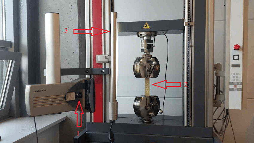  Разрывная машина для испытания на растяжение: 1 - видеокамера; 2 - исследуемый образец; 3 - лампа (Beluch W., Panek K., 2016)